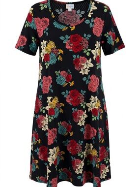 LuLaRoe Black Floral A-Line Dress with Red, Pink, Yellow & Teal Accents